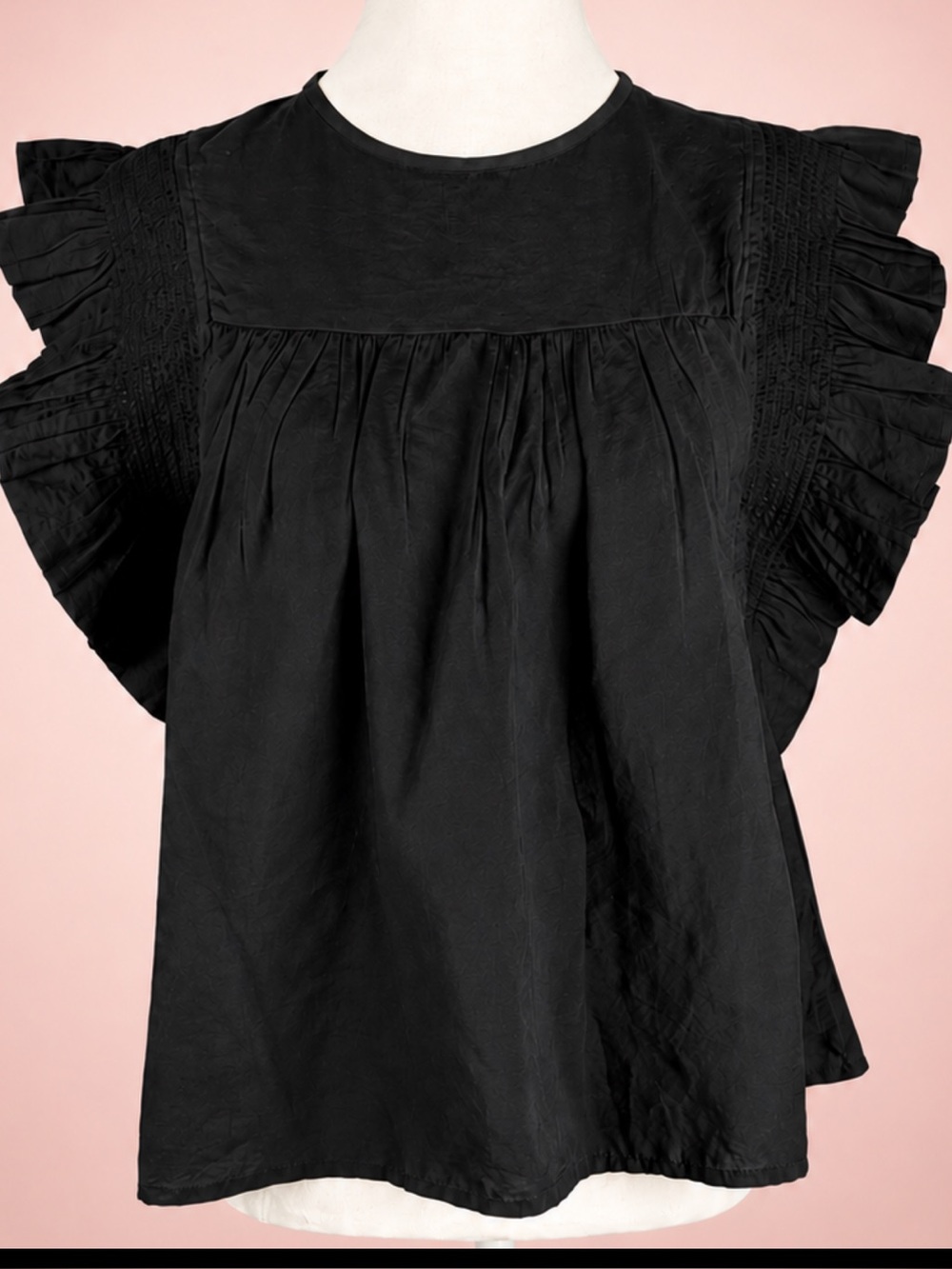 English Factory Black Ruffle Sleeve Blouse Smocked Pleated Top Size S